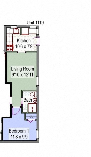 Floor plan for 1 bed, 1 bath, 488 sqft